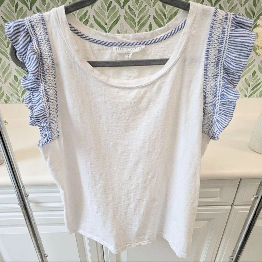 Jane + Delancey White Tee Frill Ruffle Sleeve Top M Coastal Granddaughter Preppy - Picture 2 of 9